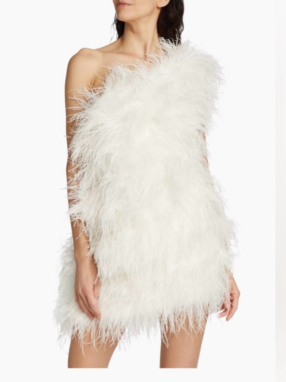 The Bar White One-Shoulder Feather Mini Dress